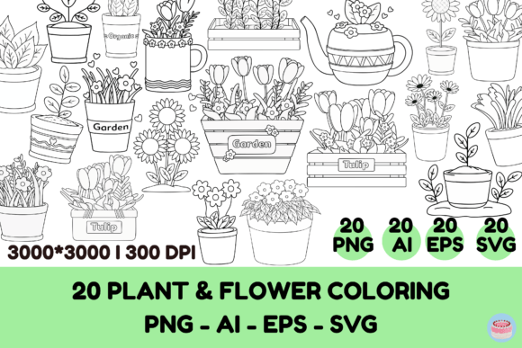 20 Potted Plant Flower Line Art Bundle for Embroidery Projects