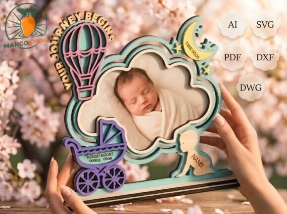 Newborn Birth Stats Lasercut Frame: A Birthday Graphic Design Asset for Branding