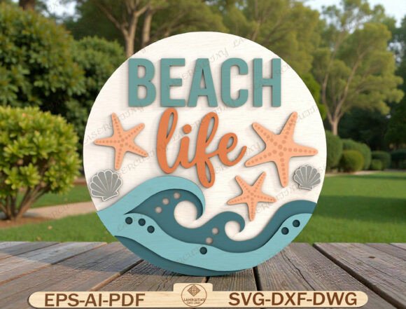 Summer Round Door Hanger Laser Cut File: A Coastal-Inspired Design Asset for Content Creators